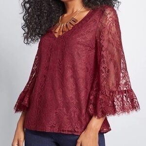 Modcloth burgundy lace bell sleeve top